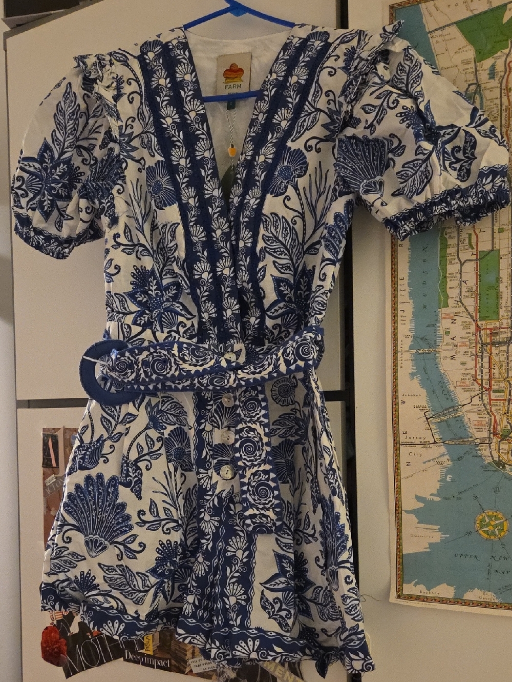 Farm Rio White & Blue Floral Button-Front Mini Romper with Belt - Picture 2 of 5